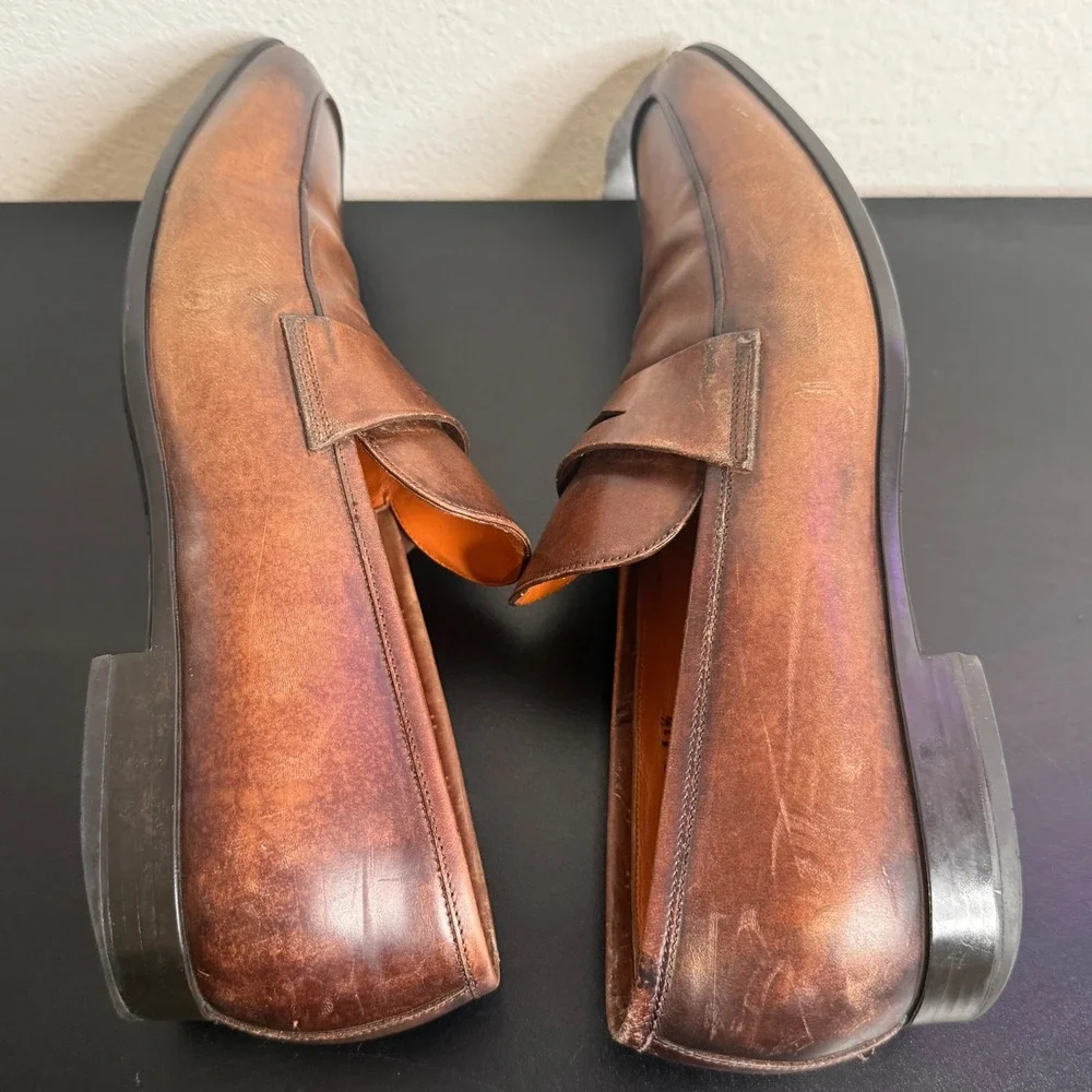 Santoni Penny Loafer Mens 11.5 Brown Leather Burnished Apron Toe Made in Italy